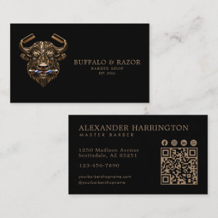 Cartão De Visita Código Qr da Barbearia Profissional Bronze Buffalo