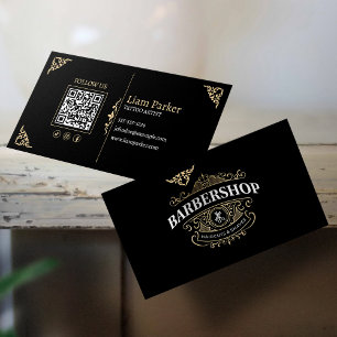 Cartão De Visita Código QR da Barbearia Simples Vintage Bege Claro