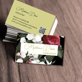 Cartão De Visita Código QR da Borgonha Floral Moderna Elegante Dour