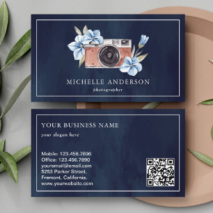 Cartão De Visita Código QR da Câmera Floral Azul Marinho Fotógrafo
