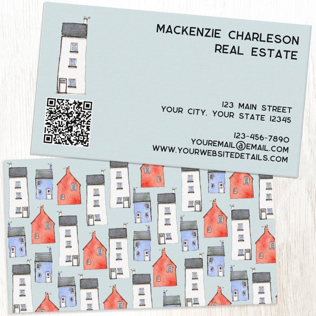 Cartão De Visita Código QR da Casa de Aquarela (Watercolor house QR code custom business card for real estate agent, builder, home renovations)