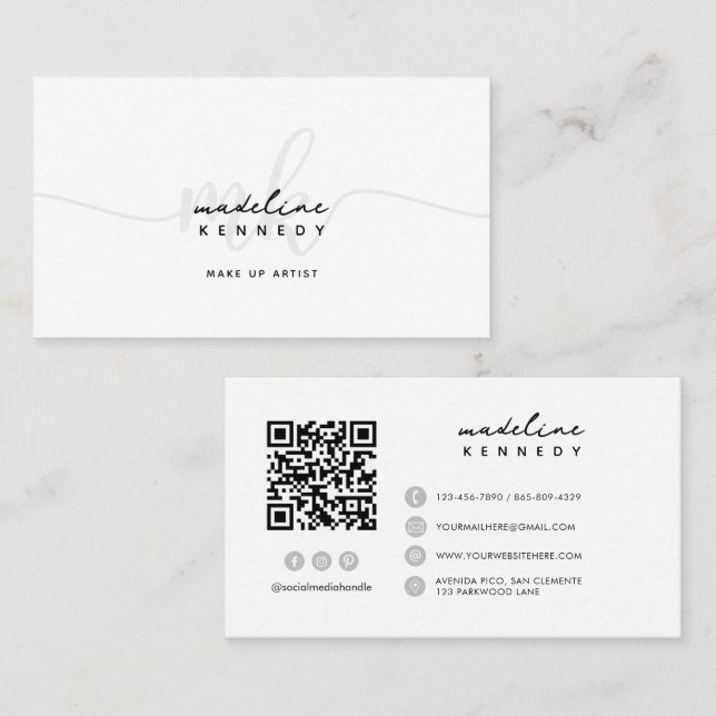 Cartão De Visita Código QR da Cinza Preta do Script Monograma (Frente/Verso)