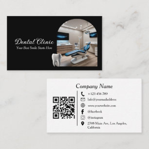 Cartão De Visita Código QR da Clínica Dentária Moderna preto e bran