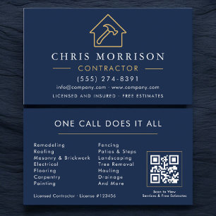 Cartão De Visita Código QR da Empresa de Construção Azul-Marinho