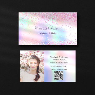 Cartão De Visita Código qr da foto holográfica cor-de-rosa púrpura