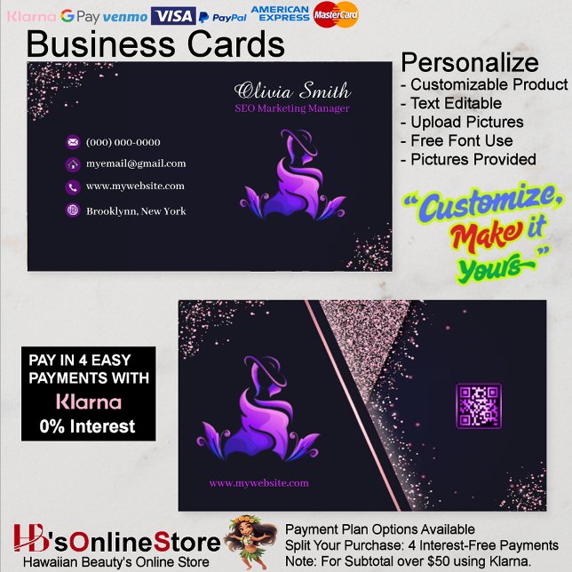 Cartão De Visita Código QR da Glitter do Marinho Roxo Elegante (Elegant Girly Purple Navy Glitter QR Code Business Card 22.)