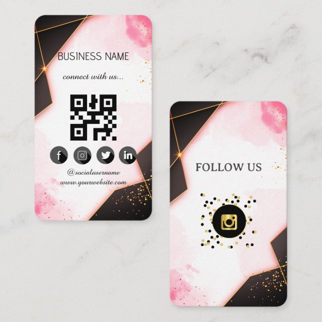 Cartão De Visita Código QR da Mídia Social Dourada Marbel Preta (Frente/Verso)