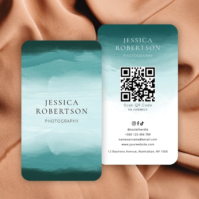 Cartão De Visita Código QR da Mídia Social Teal Moderna em Watercol (Scannable QR code business cards with turquoise watercolor background)