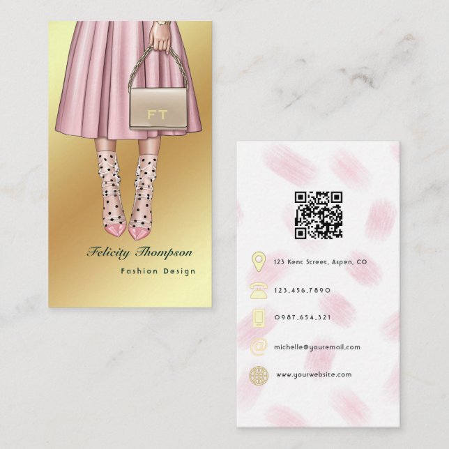 Cartão De Visita Código QR da Moda Rosa e Dourada (Frente/Verso)
