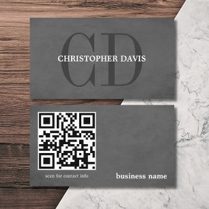 Cartão De Visita Código QR da Monograma da Cinza de Textura Elegant