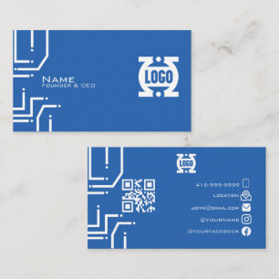 Cartão De Visita Código QR da placa de circuito Tech azul moderno