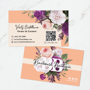 Cartão De Visita Código QR da Pretty Peach Vintage Roses Floral Bou