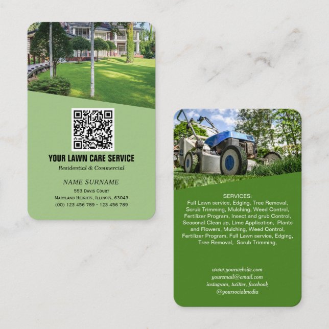 Cartão De Visita Código QR da rede Lawncare vertical Business Car (Frente/Verso)