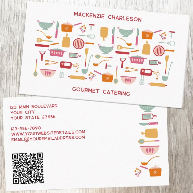 Cartão De Visita Código QR da restauração (Retro kitchen utensil QR code catering, bakery, cafe, cook or chef business card)