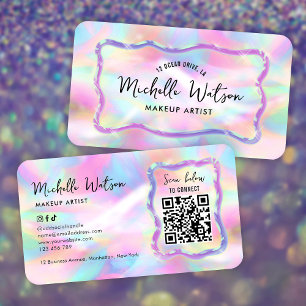 Cartão De Visita Código QR da Sala de Beleza Holográfica Neon Iride