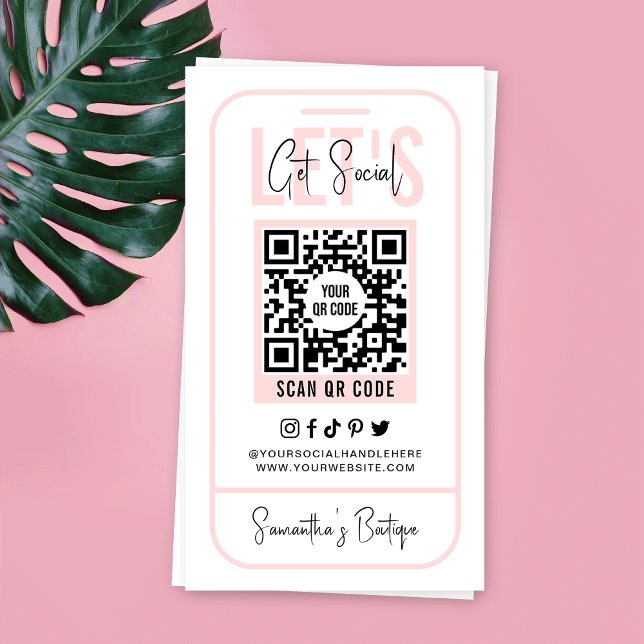 Cartão De Visita Código QR das Mídias Sociais Moderno Rosa Feminino (Trendy QR code business cards in blush pink and white with phone outline design and editable text)