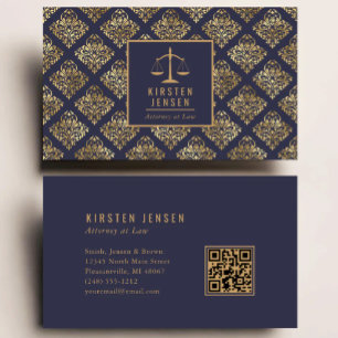 Cartão De Visita Código QR de Advogado Azul Escuro Dourado Padrão D