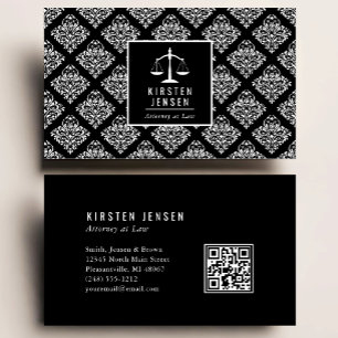 Cartão De Visita Código QR de Advogado Preto Branco Padrão Damask
