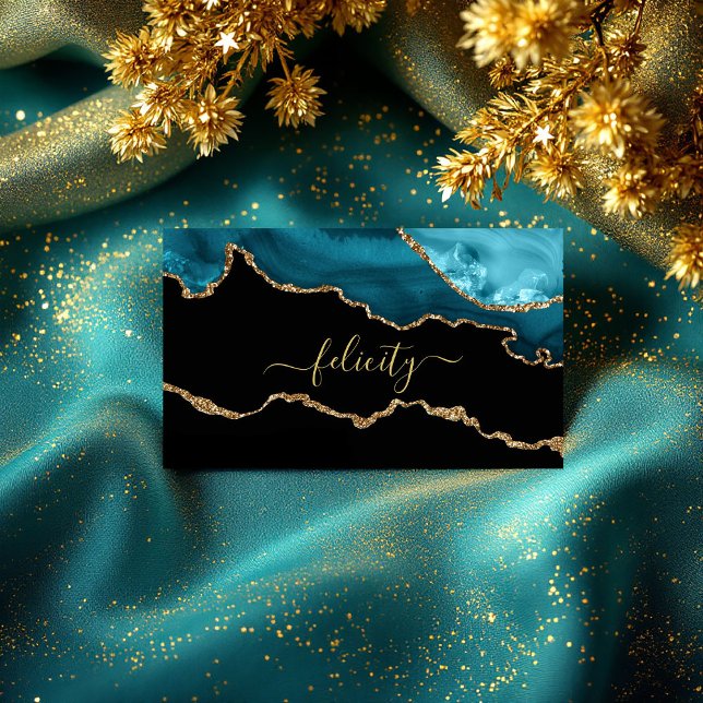 Cartão De Visita Código QR de Agate Dourado Elegante Preto e Turque (Elegant Black and Turquoise Gold Agate QR Code Business Card)