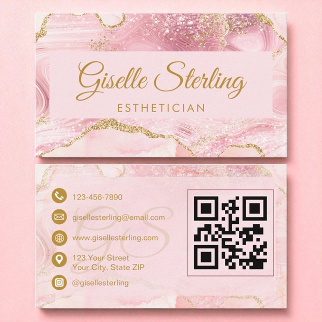 Cartão De Visita Código QR de Agate Dourado Rosa Estetizado Estheti (Criador carregado)