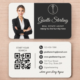 Cartão De Visita Código QR de Agente Imobiliário Foto Neutra Elegan