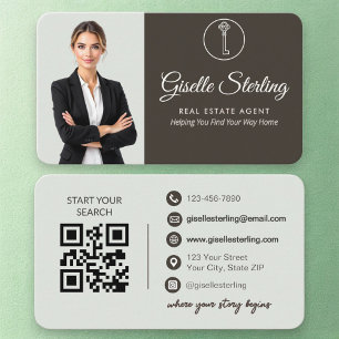 Cartão De Visita Código QR de Agente Imobiliário Foto Verde Sage El