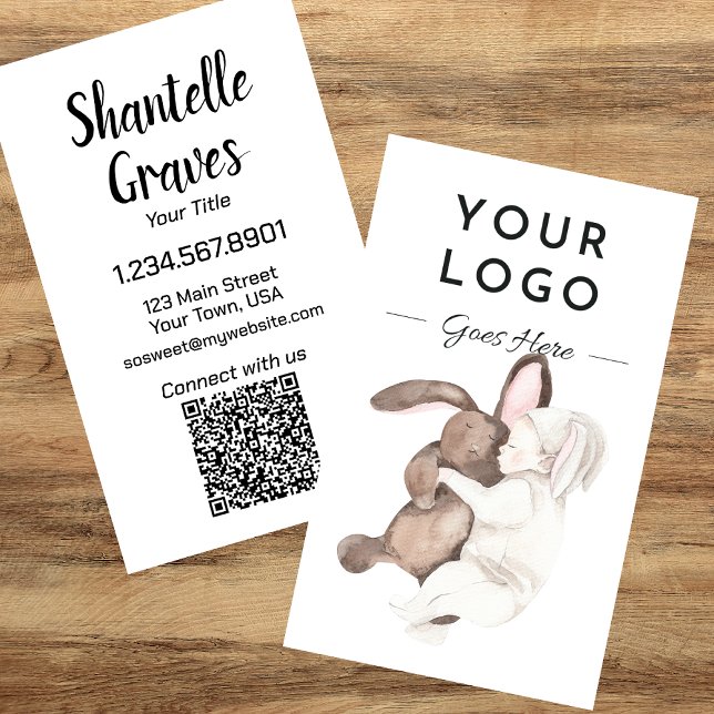 Cartão De Visita Código QR de Aquarela Bebê e Coelho Vertical (Criador carregado)
