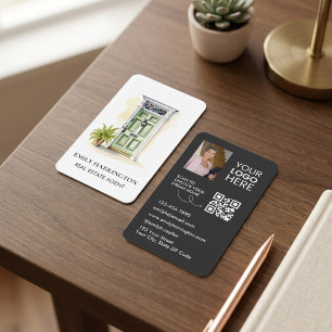Cartão De Visita Código QR de Aquarela da Porta Verde para Agente d
