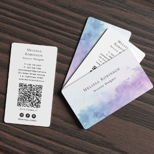 Cartão De Visita Código QR de Aquarela Fumê Azul e Roxo Moderno