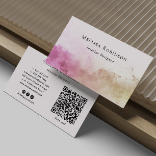 Cartão De Visita Código QR de Aquarela Moderna Rosa e Bege Enfumada