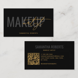 Cartão De Visita Código QR de artista de maquiagem moderno preto e