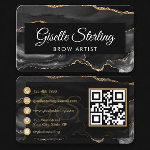 Cartão De Visita Código QR de Artista de Sobrancelhas Preto Dourado