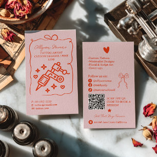 Cartão De Visita Código QR de Artista de Tatuagem Rosa Retro Vermel