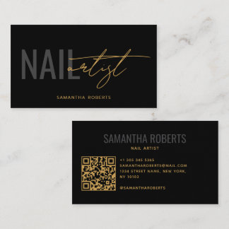 Cartão De Visita Código QR de artista de unha moderno preto ouro