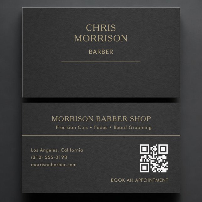Cartão De Visita Código QR de Barbeiro Preto Dourado Profissional (Criador carregado)
