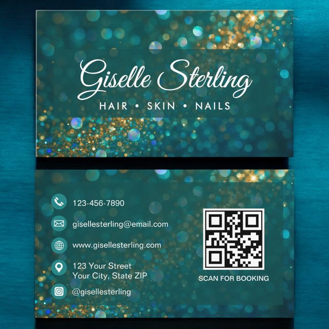 Cartão De Visita Código QR de Beleza Salon Dourado Glitter Teal (Criador carregado)