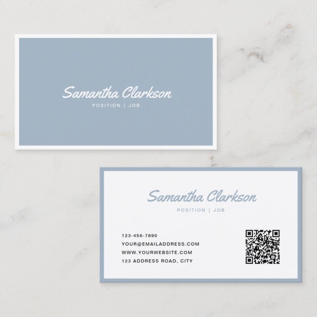 Cartão De Visita Código QR de borda Cursiva de Script Azul Simples  (Frente/Verso)