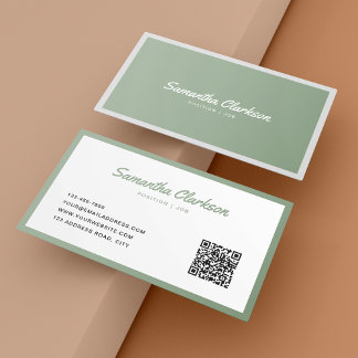 Cartão De Visita Código QR de borda Cursiva de Script Verde de Sage
