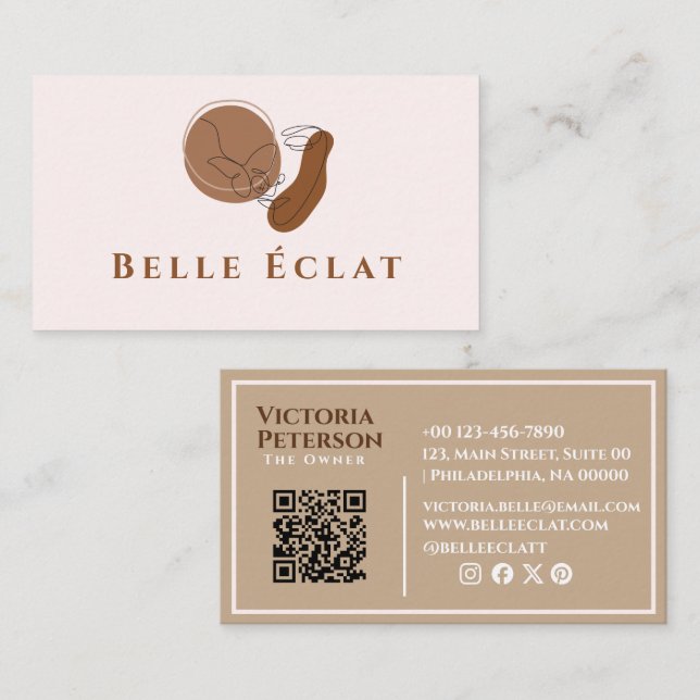 Cartão De Visita Código QR de branco bege branco de Boho profission (Frente/Verso)