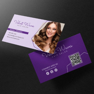 Cartão De Visita Código QR de Cabeleireiro e Maquiador Roxo Moderno
