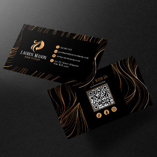 Cartão De Visita Código QR de cabeleireiro preto dourado minimalist