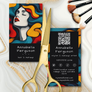 Cartão De Visita Código QR de Cabelo e Maquiagem Colorido Arte Pop