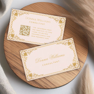 Cartão De Visita Código QR de Caligrafia Elegante Dourado Rosa Vint