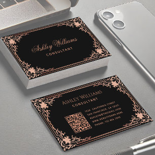 Cartão De Visita Código QR de Caligrafia Elegante Vintage Preto e R