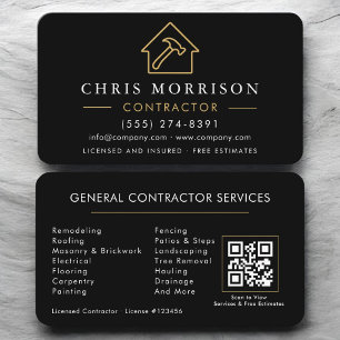 Cartão De Visita Código QR de Construção Geral Preto e Dourado 