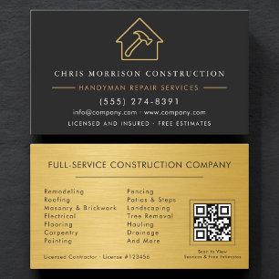 Cartão De Visita Código QR de Construção Mão-de-obra Metálica Ouro