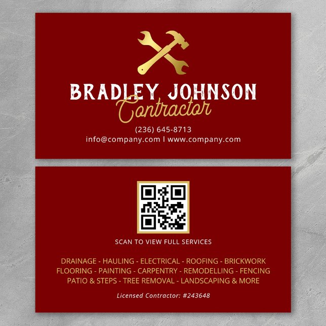 Cartão De Visita Código QR de Construção Red Gold (Criador carregado)