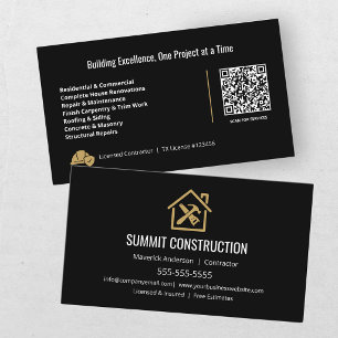 Cartão De Visita Código QR de Contratante Geral Moderno Black Gold