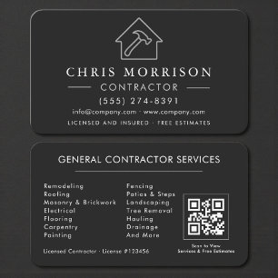 Cartão De Visita Código QR de Contratante Profissional Preto e Prat