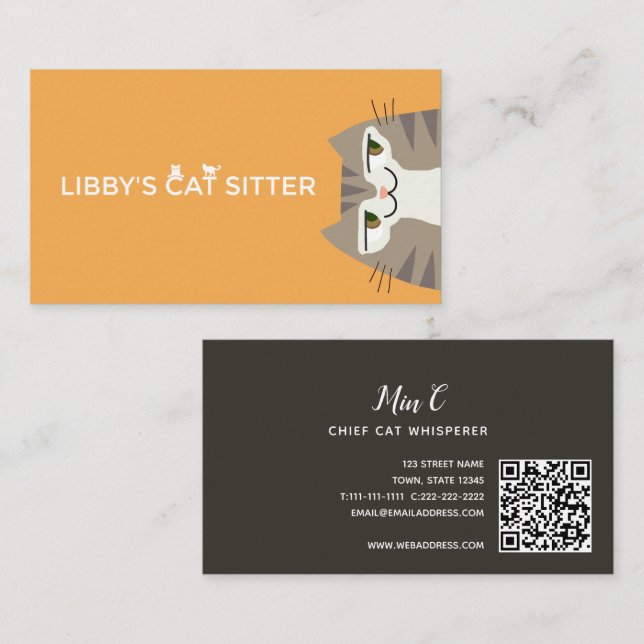 Cartão De Visita Código QR de Cuidados com Gatos (Frente/Verso)